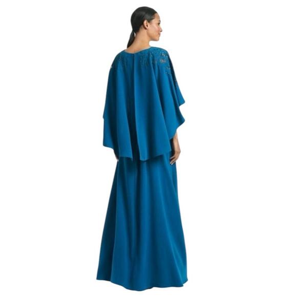 Sachin & Babi Size 8 NWT Moroccan Blue Crepe Embroidered Wren Cape Maxi Gown - Picture 3 of 11